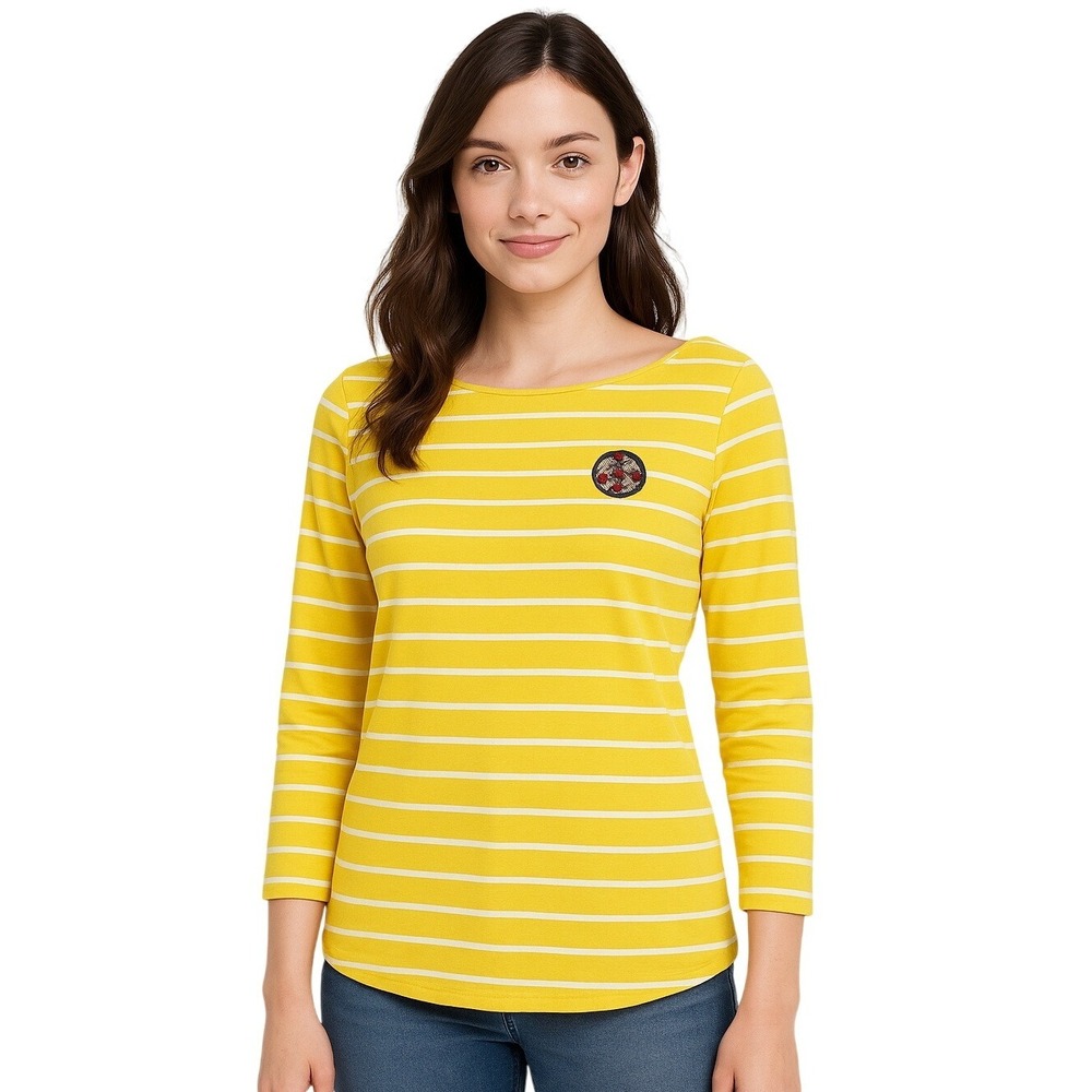 Talbots Tee S Yellow White Striped Scoop Neck 3/4 Sleeve Relaxed Casual Classic‎